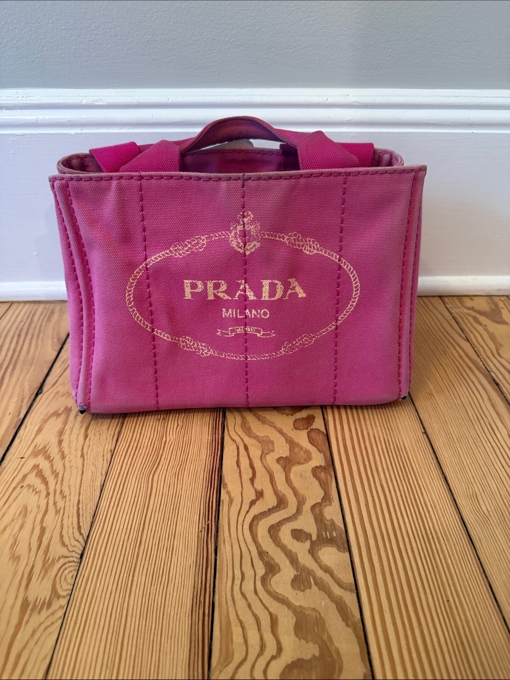 Authentic Prada Fuchsia Canvas Tote with Gold Logo